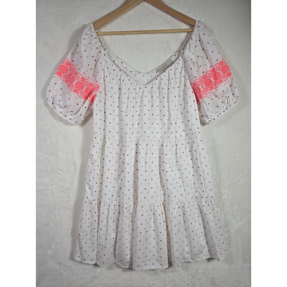LOFT White Polka Dot Puff Sleeve Dress Neon Embroidered Trim Size M NWT - Picture 3 of 11